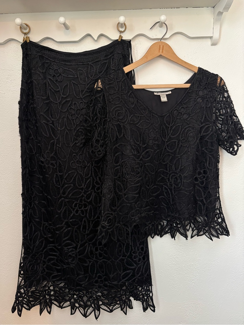 Vintage Silken Poetry 100% Silk Beaded Crochet 2 Pc Skirt Set M